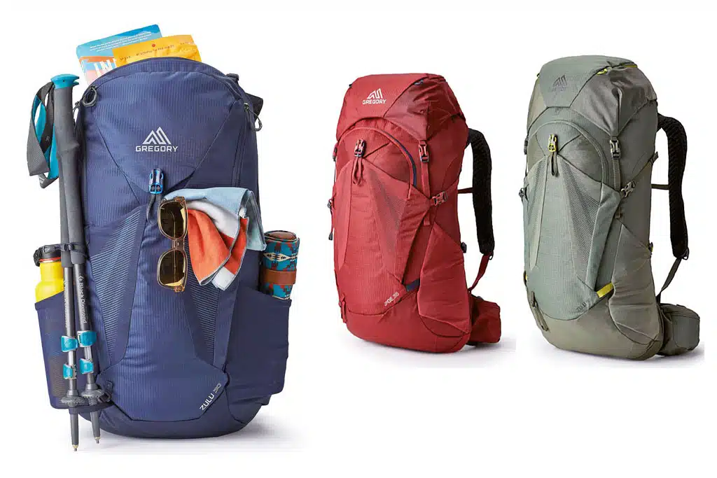 Blauer, roter und grün-grauer Wanderrucksack