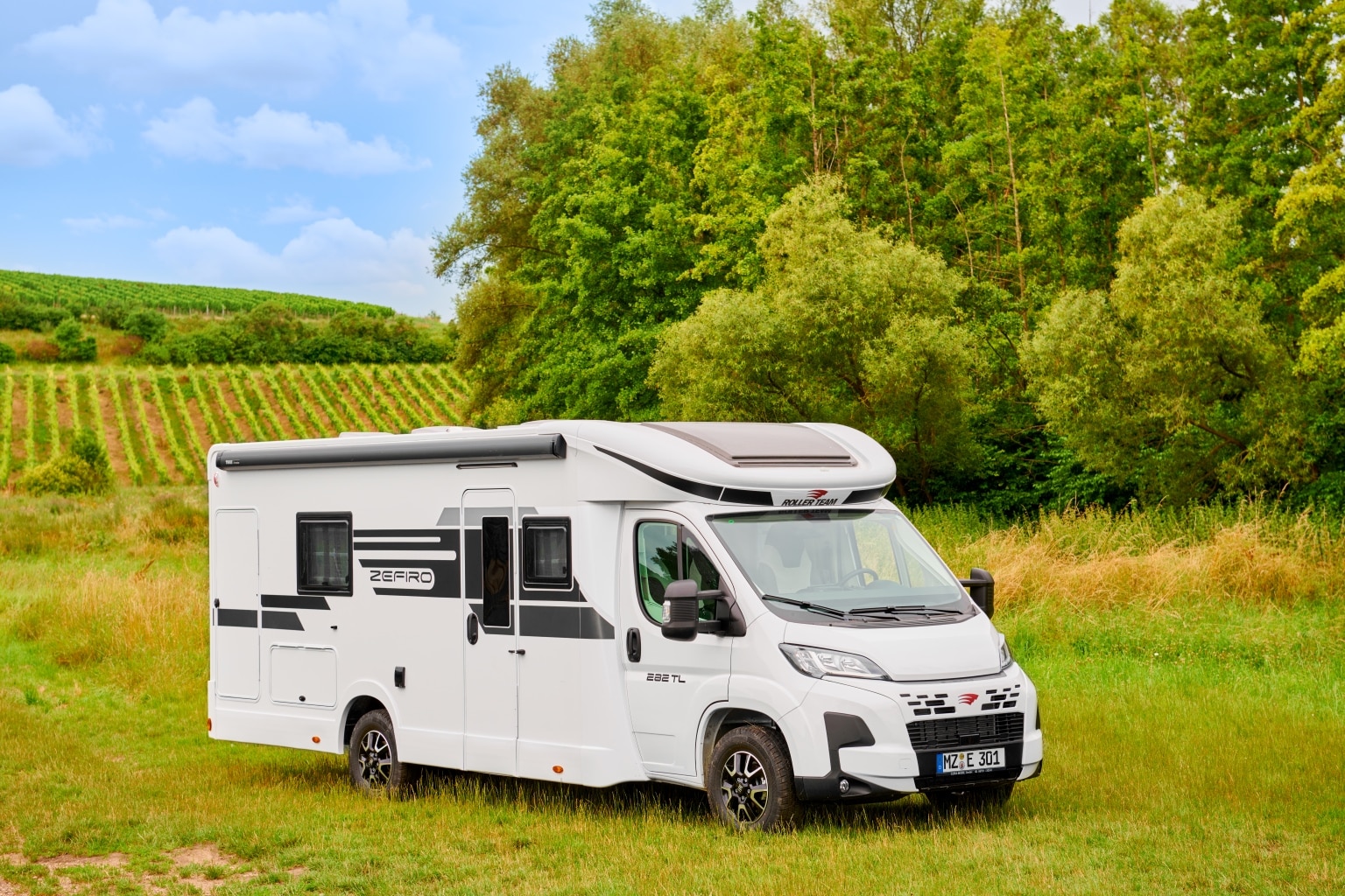 Weißes Reisemobil auf grüner Wiese vor einem großen Laubbaum