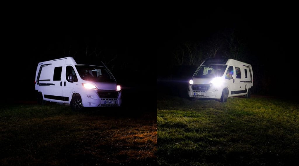 Wohnmobil mit Originalscheinwerfern und LED-Lampen