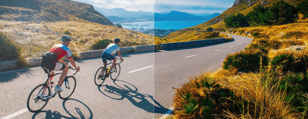 Vergleichender Blick durch Brillengläser, mehr oder weniger Farbe